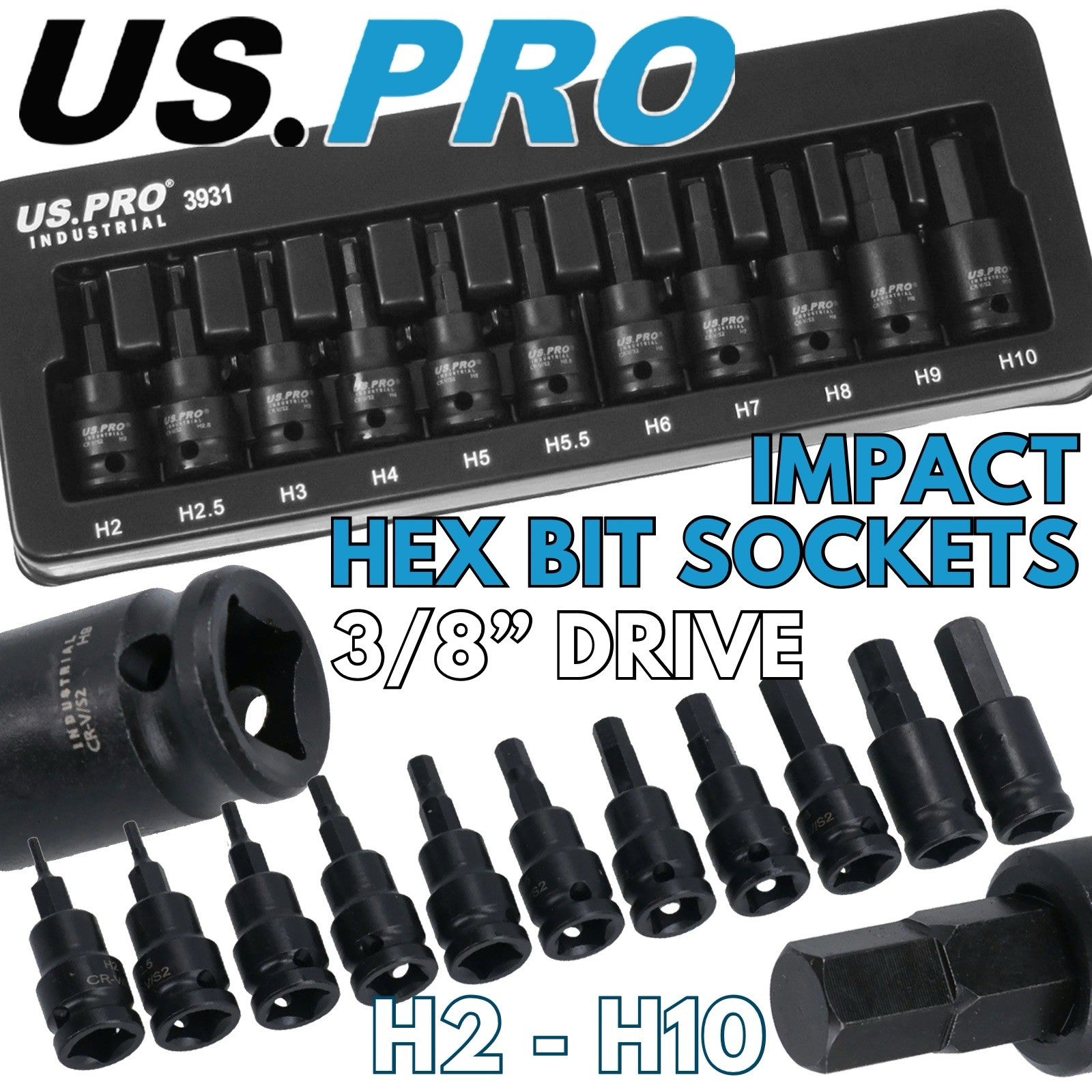 US PRO IMPACT Hex Torx Spline Bit Sockets 3/8" Drive Short Reach Allen Star HX