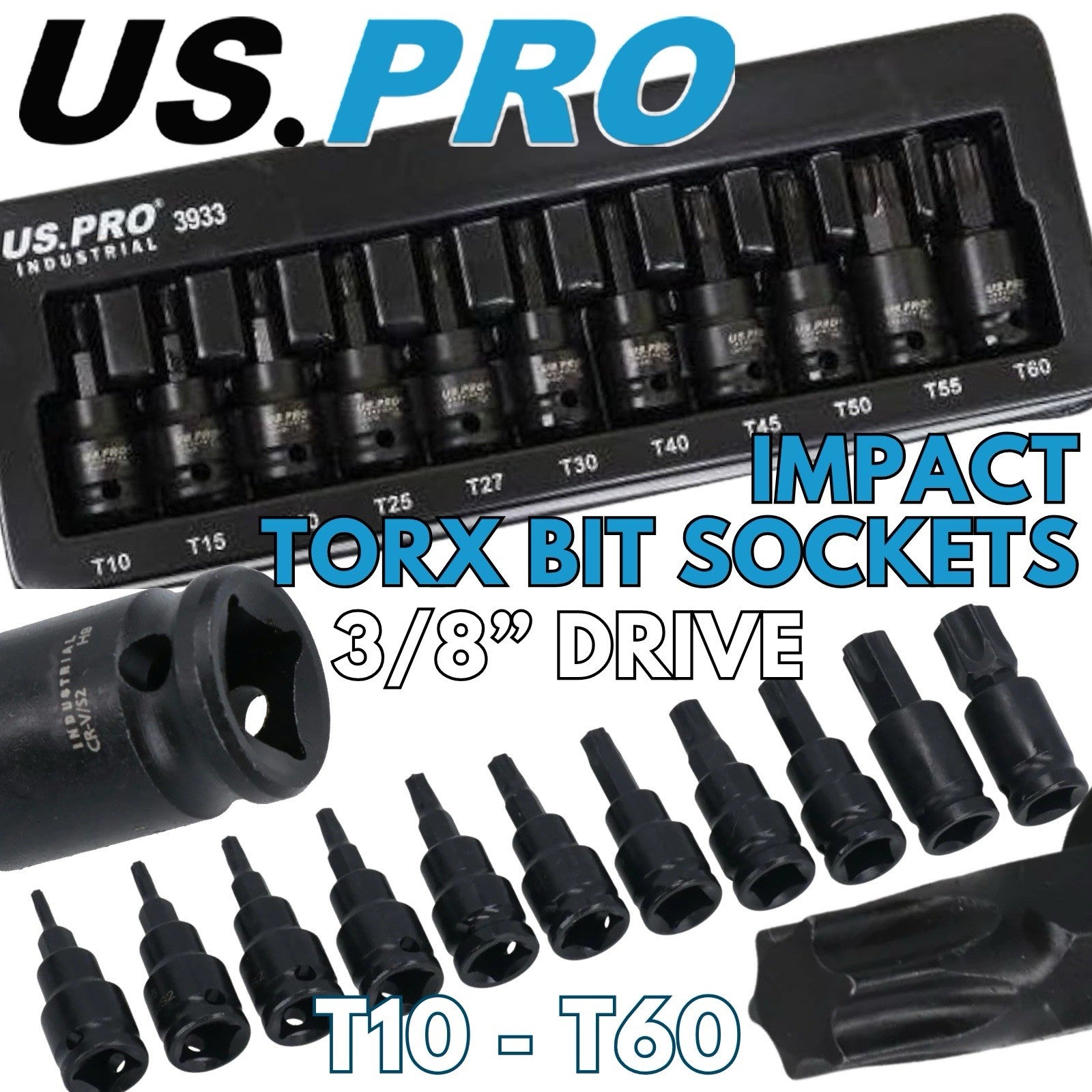 US PRO IMPACT Hex Torx Spline Bit Sockets 3/8" Drive Short Reach Allen Star HX