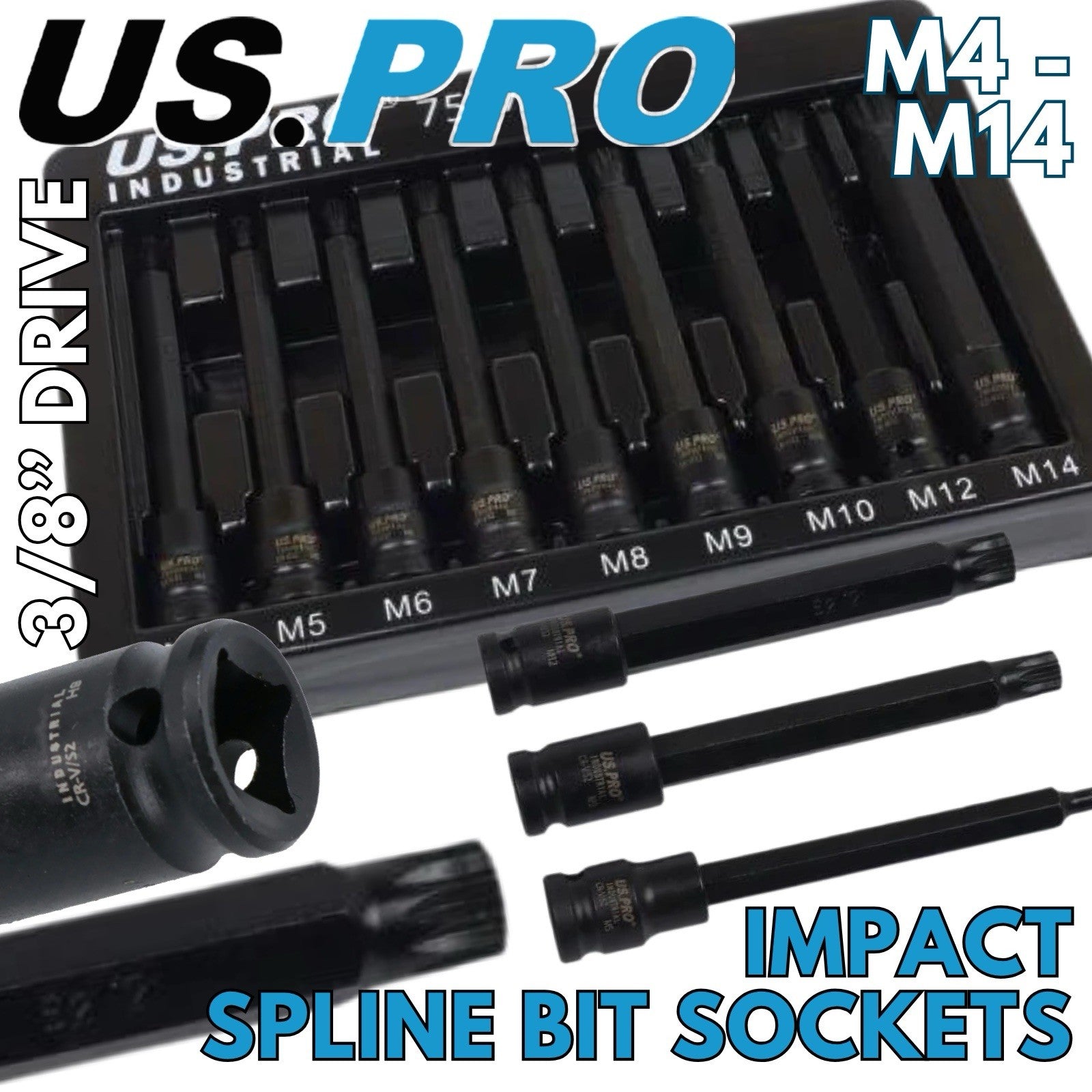US PRO Extra Long Impact Spline Bit Sockets Set 3/8" Drive Impact M4 - M14 S2