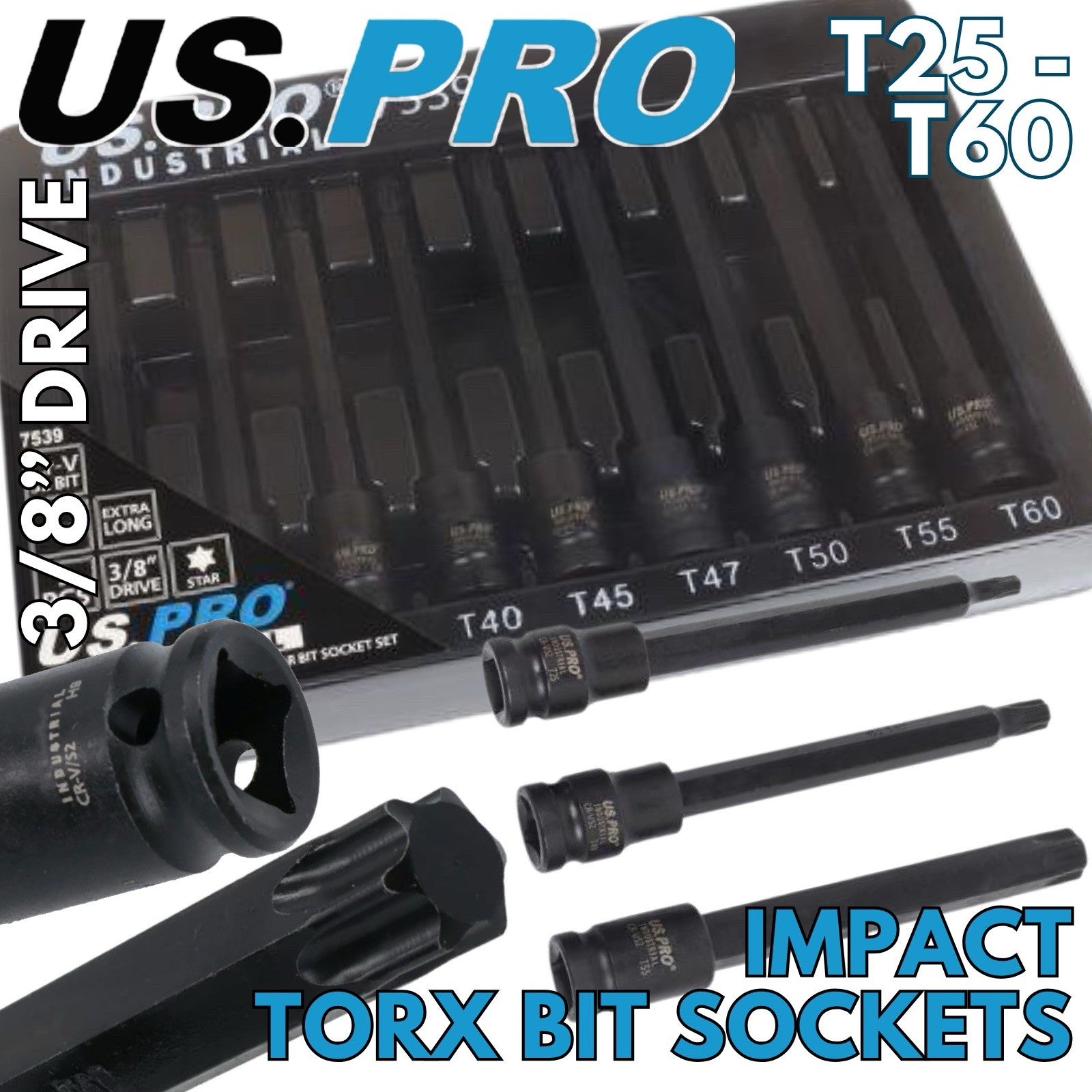 US PRO Extra Long Impact Torx Bit 3/8" Drive Sockets Set Impact T25 - T60 S2 CRV
