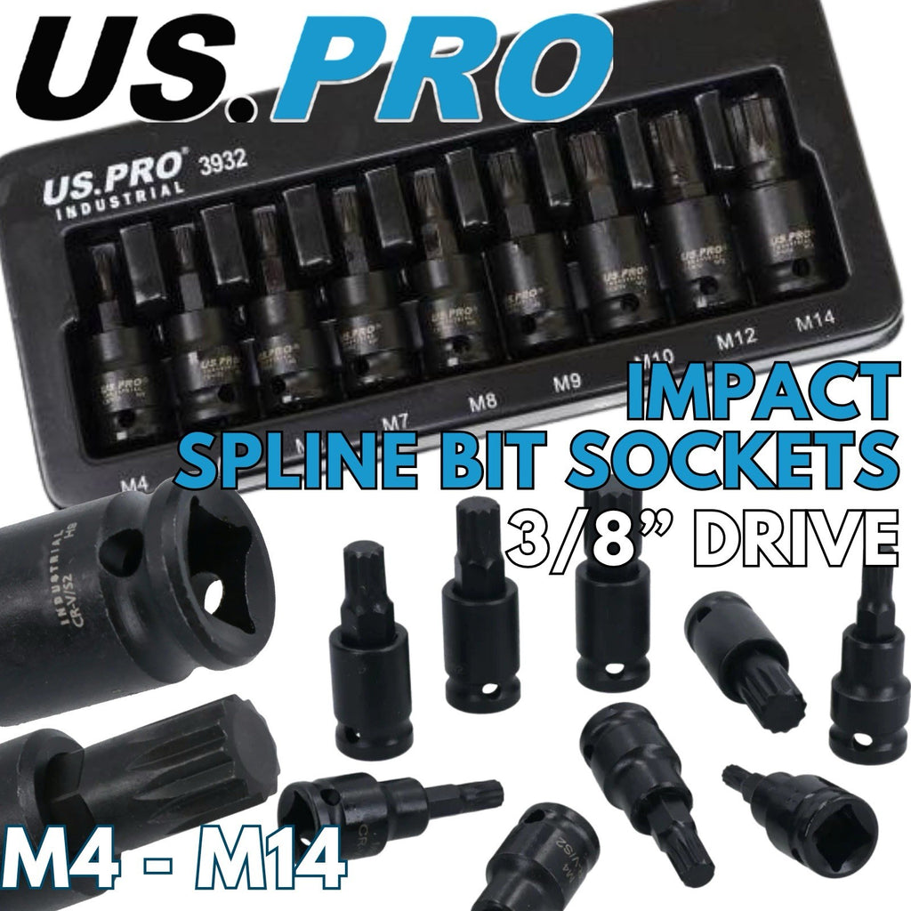 US PRO Impact Spline Bit Sockets Set 3/8" Drive Impact M4 - M14 Spline Key S2