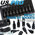 US PRO Impact Spline Bit Sockets Set 3/8" Drive Impact M4 - M14 Spline Key S2