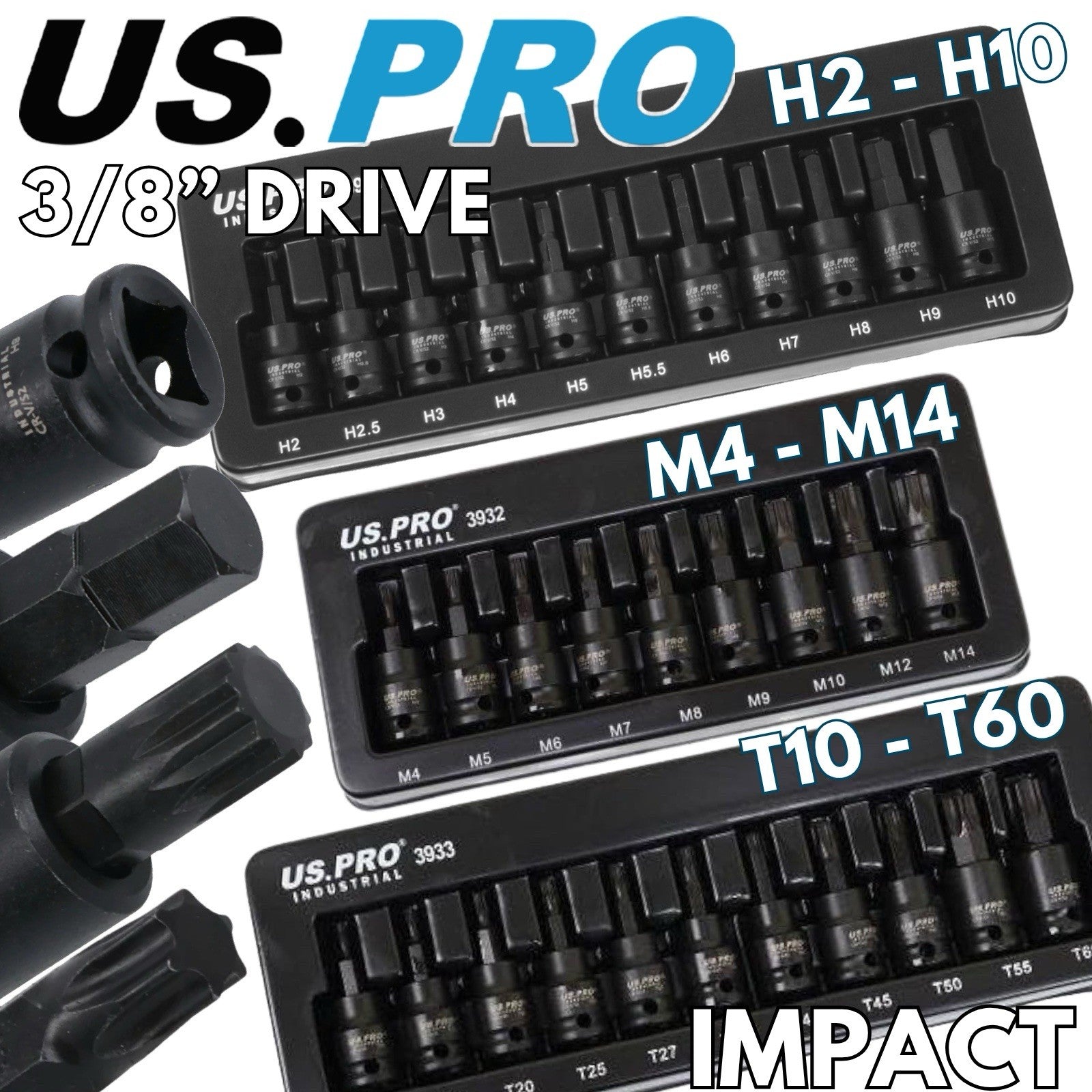 US PRO IMPACT Hex Torx Spline Bit Sockets 3/8" Drive Short Reach Allen Star HX