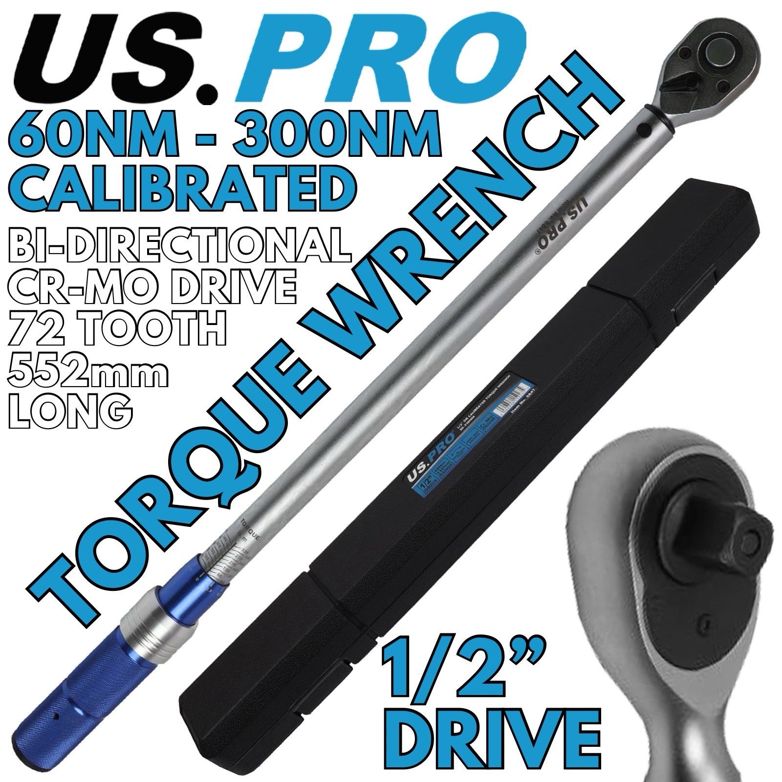 US PRO 1/2" Drive Calibrated Torque Wrench Adjustable Reversible 60Nm - 330Nm